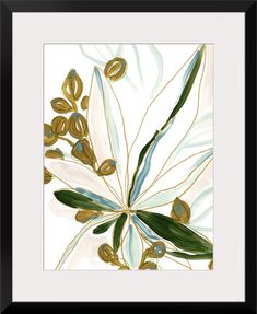 an abstract painting with gold and green leaves on white paper, framed in black frame