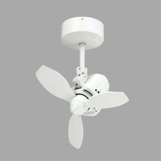 a white ceiling fan with three blades on it's blades and one light bulb