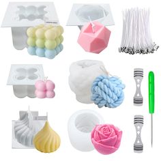 there are many different types of kitchen accessories in this set, including soaps, sponges, and toothbrushes