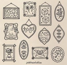 a set of nine hand drawn frames with flowers, hearts and other decorative items on them