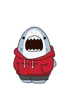 a cartoon character wearing a red hoodie with an angry shark on it's chest