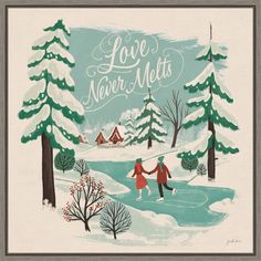 an illustration of two people walking through the snow in front of some trees and tents