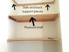 three wooden shelves with arrows pointing to the top and bottom, labeled side and back support pieces plywood shelf