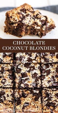 chocolate coconut blondies are stacked on top of each other with the words, chocolate coconut blondies