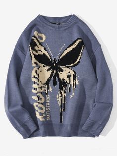 Oversize Butterfly Knitted Sweater Oversized Butterfly Jacquard Sweater - AnotherChill Streetwear Couple, Butterfly Sweater, Estilo Harajuku, Streetwear Sweater, Fashion Butterfly, Harajuku Women, Pullover Mode, Pull Oversize, Y2k Sweater