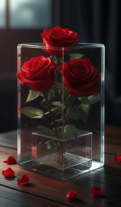 three red roses in a square glass vase on a table with petals scattered around it