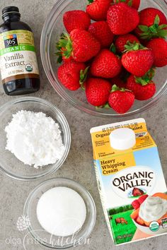 strawberries, yogurt, and other ingredients to make strawberry shortcakes