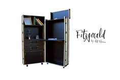 an open bookcase with drawers on wheels and the words fitzgerald written in black ink