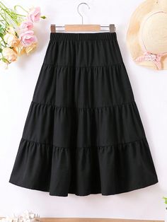 Tween Girls' Fashionable Patchwork Wide Hem Half-Length Skirt For Summer Black Casual   Polyester Plain Layered/Tiered Non-Stretch  Tween Girls Clothing, size features are:Bust: ,Length: ,Sleeve Length: Summer Black, Summer Skirts, Knee Length Skirt, Casual Girl, Black Casual, Girls Clothing, Denim Wash, Colorful Leggings, Denim Women