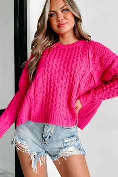 100% ACRYLIC Model Wearing Size Small Color: Fuchsia Cable Knit Sweater Round Neckline Long Sleeve Relaxed/Slightly Oversized Fit Sweater Has Stretch 18" Armpit To Sleeve End 14" Armpit To Hemline For Model Size Specs Please Check Size Charts + Live Feed Notes Below Launched: 9/24/23 Hot Pink V Neck Sweater, Pink Textured Knit Crew Neck Cropped Sweater, Pink Long Sleeve Cable Knit Sweater, Pink Cable Knit V-neck Tops, Pink Textured Knit V-neck Sweater, Hot Pink Sweater, Long Sleeve Pullover Sweater, Impressions Online Boutique, Jeans Size Chart