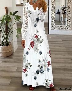 Olivia Mark - Stylish and Elegant Lace Maxi Dress Woman Sleeve, Printed Dresses Fashion, Button Up Maxi Dress, Gaun Fashion, Floral Print Dress Long, Printed Dresses, Maxi Robes, Floral Lace Dress, Lace Dress Long