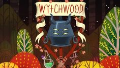 a cartoon character holding a sign that says wychwood in front of trees