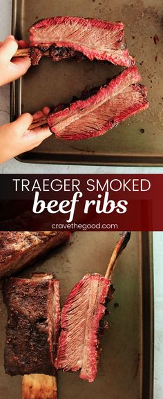 the ribs are being grilled and ready to be cooked in the oven, with text overlay that reads traeger smoked beef ribs