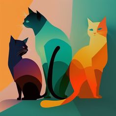 two cats sitting next to each other on top of a green and orange background,