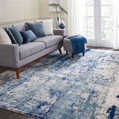 a blue and white rug in a living room with a couch, coffee table and potted plant