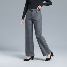 "DETAILS: * 30% wool, 70% polyester fiber * Polyester Lining * Two side pockets * Front hidden zipper closure+buttons * Straight leg pants * High waisted pants * Wide leg pants * Perfect for Winter, autumn * Dry clean *The model is 170cm (5' 7\") tall with 85 cm(33.4\") bust and 67 cm(26.7\")waist. She is wearing the dark gray wool pants in size XS. Choose CUSTOM Order if you * Can't find your size in our size Chart * Chang the Length * Your Height is not Between 5'1\" - 5\"9\" * Your weight is Winter Wide Leg Bottoms With Welt Pockets, Tailored Winter Pants With Belt Loops, Tailored High-waist Winter Bottoms, Wide Leg Bottoms With Welt Pockets For Winter, Winter High-waisted Pants With Welt Pockets, High-waisted Pants With Welt Pockets For Winter, Wide Leg Wool Dress Pants For Fall, Tailored Straight Leg Winter Pants, Tailored High Waist Pants For Winter