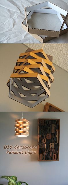 three different types of lighting fixtures hanging from the ceiling and on the wall, one is made out of plywood planks