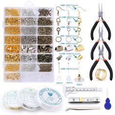 the contents of a craft kit including scissors, beads, and other items are shown