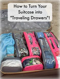 an open suitcase filled with luggage sitting on top of a floor next to the words how to turn your suitcase into traveling drawers