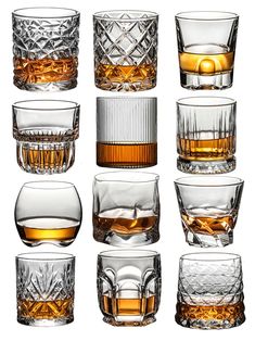 many different glasses are lined up together