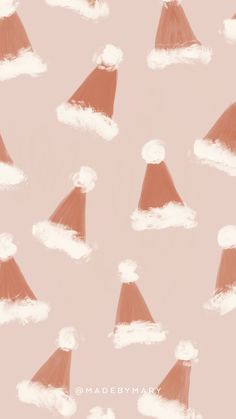 a pink background with red and white hats on top of clouds in the shape of santa's hat