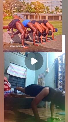 two pictures with people doing push ups on their stomachs and the same man is bending over