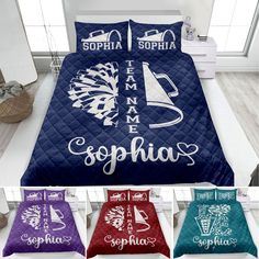 there are four different bedspreads with the names of their favorite cities on them