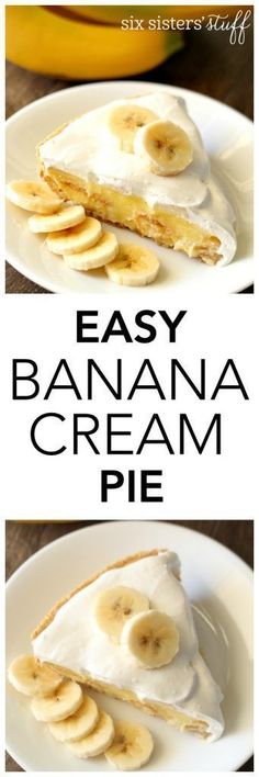 easy banana cream pie on a white plate with bananas in the background and text overlay