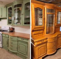 two pictures side by side one has green cabinets and the other has white appliances