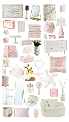 a collage of pink and white items including candles, mirrors, pillows, blankets, vases