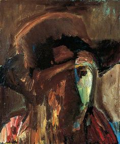 an abstract painting of a person sitting in a chair with his head on the arm