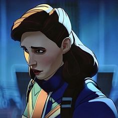 an animated image of a woman with dark hair and blue eyes, wearing a star trek uniform