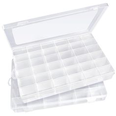 two clear plastic storage boxes with dividers on the top and bottom, one filled with compartments