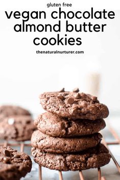 vegan chocolate almond butter cookies stacked on top of each other