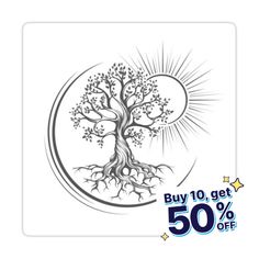 a white sticker with a tree on it and the words buy 10 get 50 % off