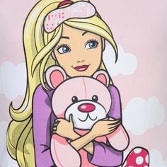 a drawing of a girl holding a pink teddy bear in her arms and smiling at the camera