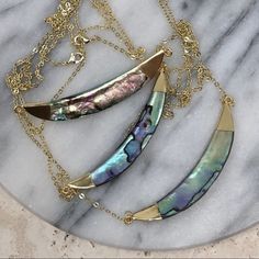 Luna Jewelry, Gold Feather Necklace, Abalone Shell Necklace, Abalone Jewelry, Metal Jewelry Making, Fan Necklace, Crescent Necklace, Arrowhead Necklace, Metal Works