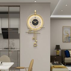 a clock that is on the side of a wall in a living room with chairs