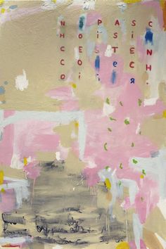 an abstract painting with pink, yellow and blue colors