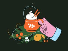 a hand holding an orange cup filled with food and surrounded by other items on a black background