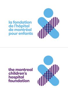 two logos for the children's hospital foundation, with blue and purple shapes on them