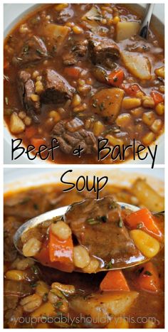 beef and barley soup in a white bowl with a ladle full of stew on the side