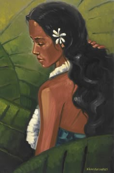 a painting of a woman with long black hair and a flower in her hair, standing next to green leaves