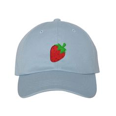 "This listing is for a baseball cap embroidered with a Strawberry on the front. Do you love strawberries or know someone who does then this is the perfect hat. F E A T U R E S ✳Adjustable strap-back: Convenient antique brass metal buckle closure to custom fit the baseball hat to your head for maximum comfort and a secure fit. ✳Select your own choice of Hat colors! From over 30 amazing colors that are sure to complement any season or be the perfect cool hat to any outfit. ✳ Low profile baseball h Cute Baseball Cap With Embroidered Logo And Curved Brim, Streetwear Summer Hat With Curved Visor, Trendy Summer Visor Dad Hat, Curved Visor Hats For Summer Streetwear, Trendy Summer Hats With Curved Visor, Trendy Summer Hat With Curved Visor, Curved Visor Hats For Streetwear In Summer, Summer Baseball Cap With Embroidered Logo And Curved Brim, Summer Adjustable Baseball Cap With Embroidered Logo