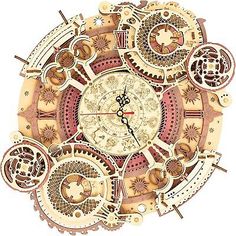 an intricate clock made out of wood and gears