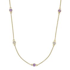 "Alternating amethyst and white topaz gemstones make this stylish station necklace a captivating complement to your look. Alternating amethyst and white topaz gemstones make this stylish station necklace a captivating complement to your look. Chain length: 18 in. + 2-in. extender Chain type: cable Clasp: lobster claw Metal: sterling silver Plating: 18k gold flash plated Finish: polished Packaging: boxedSTONE DETAILS Stone type: amethyst, white topaz Total weight: 1/2 ct. Center stone weight: 3/8 Amethyst Birthstone, Topaz Necklace, Station Necklace, Amethyst Necklace, Topaz Gemstone, Birthstone Necklace, White Topaz, Lobster Claw, Chain Length