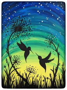 two birds are flying in the night sky with dandelions painted on canvass