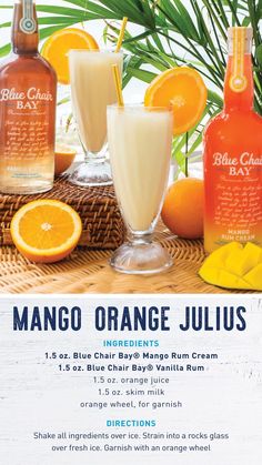 the menu for mango orange jujus is shown with two glasses and an orange slice