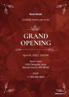 a red and white flyer for a grand opening with flowers on the front, and an ornate