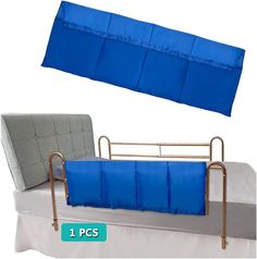 the bed is made up and has two pillows on it, one with a blue cover